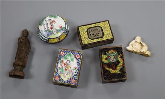 A group of Chinese enamel items including a box and cover, two cloisonne matchbox holders, one with jade inlay, another holder,